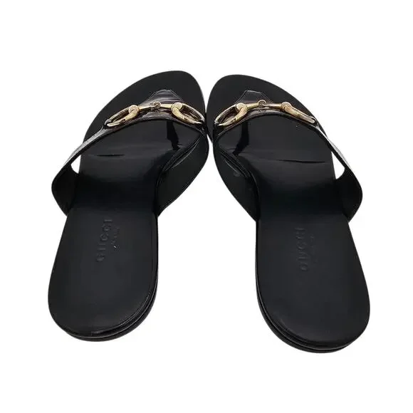 Gucci Horsebit Flat Thong Sandal Black Patent Leather Silver Size 7.5 - Picture 4 of 11